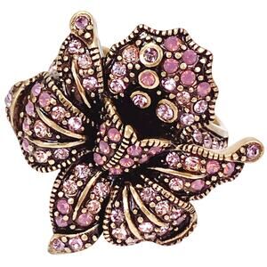 Signed Heidi Daus Pink Swarovski Crystal Lily Flower Statement Ring Size 7